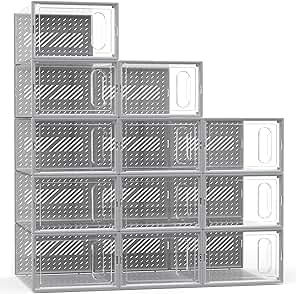 GONAT Large Shoe Organizers, 12 Pack Shoe Boxes Clear Plastic Stackable, Dust-Proof Shoe Container Stackable, Shoe Storage Organizers For Closet, Good Replacement For Shoe Rack, Under Bed, White.
