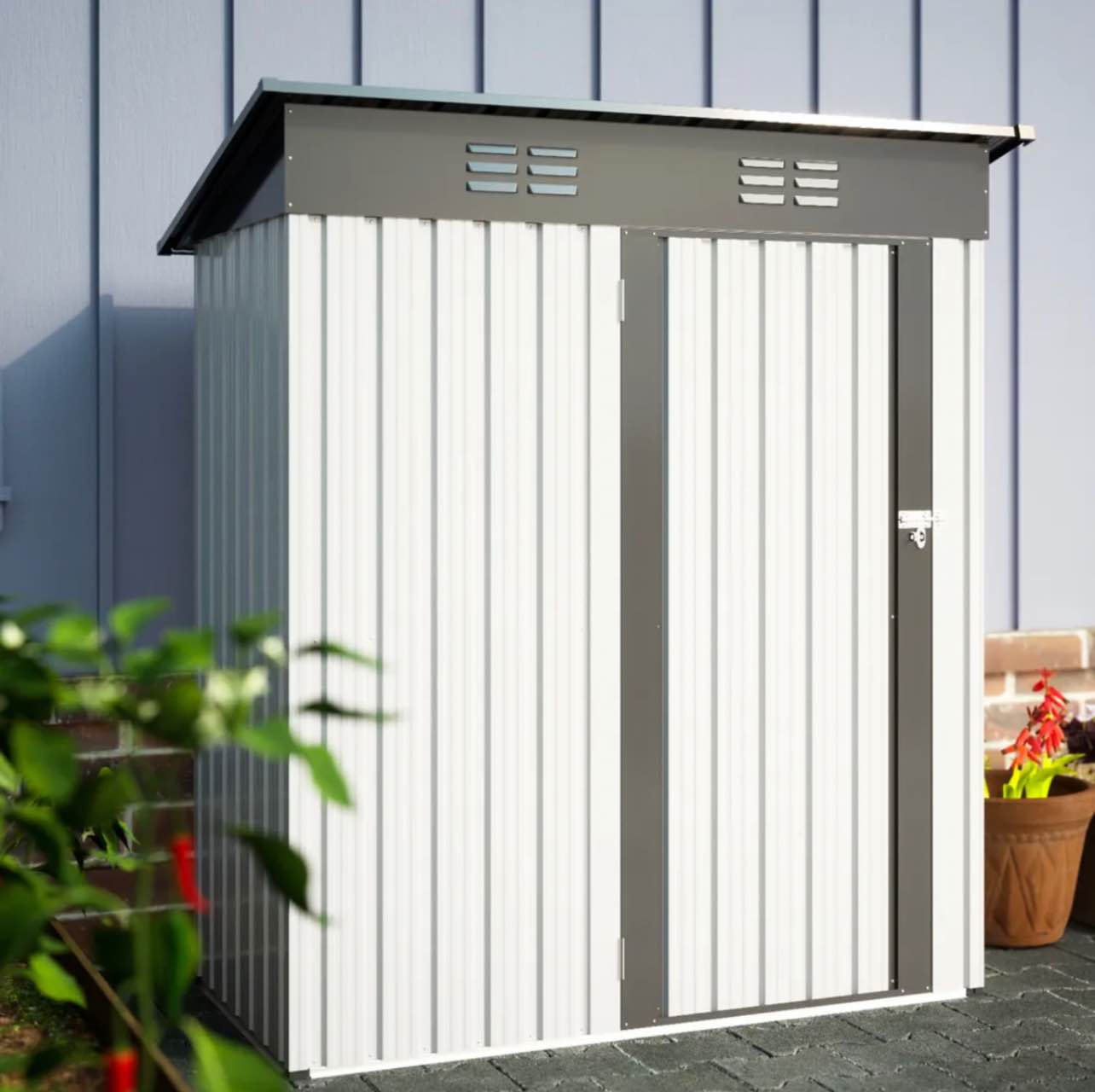 5×3 Ft Outdoor Storage Shed, Galvanized Metal, Lockable Doors, Tool Storage - White/Grey