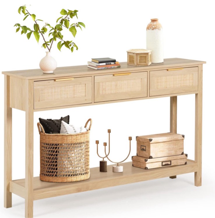 LAZZO Rattan Console Table Boho Entryway Table Narrow Long Sofa Table Hallway Foyer Table Behind Couch Table with 3 Drawers and Open Storage Shelf for Living Room and Corridor Natural Wood