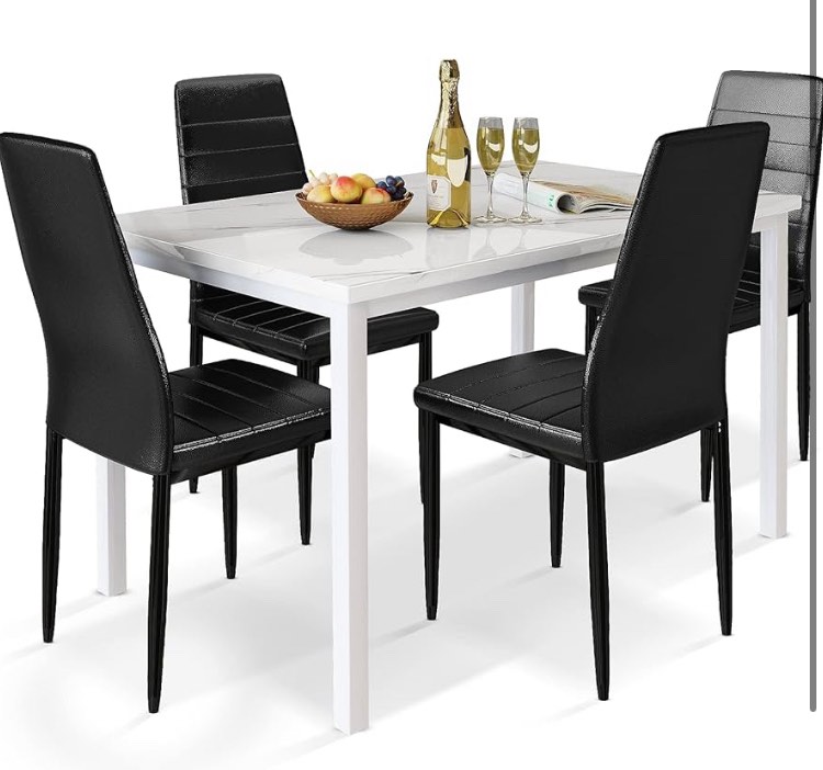 AWQM 5 Pieces Dining Table Set for 4 with Faux Marble Top and Leather Upholstered Chairs, White+Black