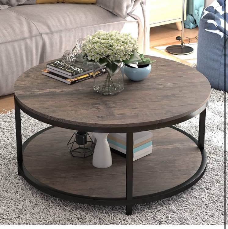 NSdirect Round Coffee Table,36" Coffee Table for Living Room,2-Tier Rustic Wood Desktop with Storage Shelf Modern Design Home Furniture(Light Walnut)