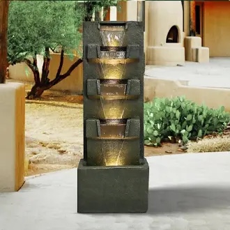 ourrco 39.3inches High Concrete Modern Water Fountain 5-Tiers Indoor/Outdoor Water Fountain w/LED Lights Cascading Waterfall Features for Home Garden Backyard Decor