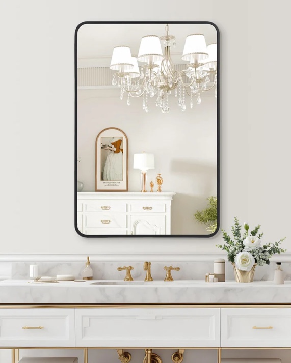 GARVEE 2024 New Wall Mount Bathroom Mirror, 24 x 36 Inch HD Eco-Friendly Matte Black Metal Frame, Rounded Corner, Hangs Horizontally or Vertically, Bathroom, Nursery, or Entryway