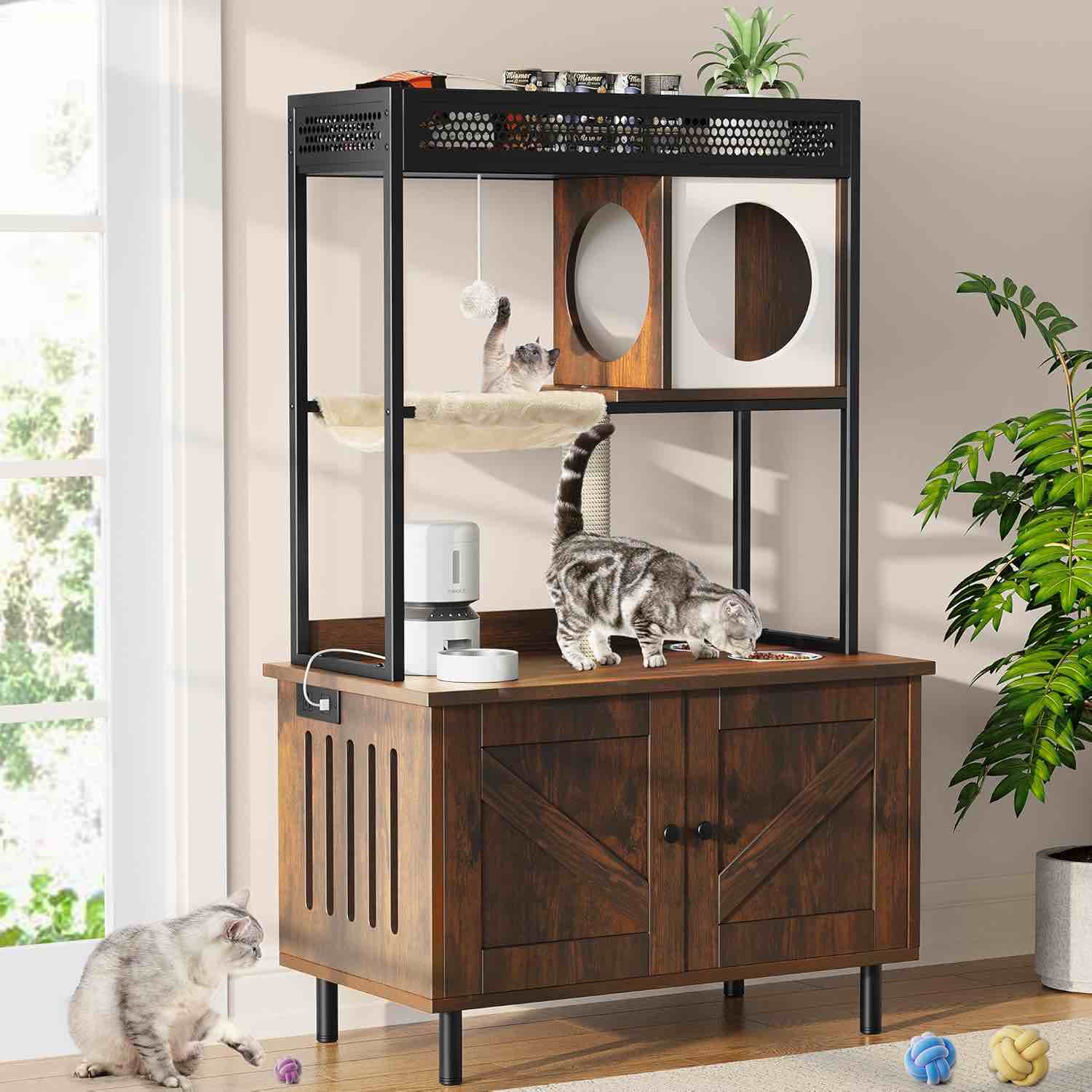 YITAHOME Cat Litter Box Enclosure with Shelves and Charging Station, Large Hidden Litter Box Furniture Cabinet Wooden Cat Washroom with House Condo, Scratch Post, Feeding Station, Rustic Brown