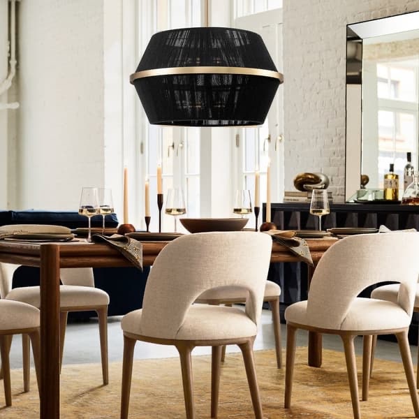 Light Modern Farmhouse Boho Large Round Drum Hand-woven Rope Chandelier with Fabric Shade - 25"W x 14"H - Black