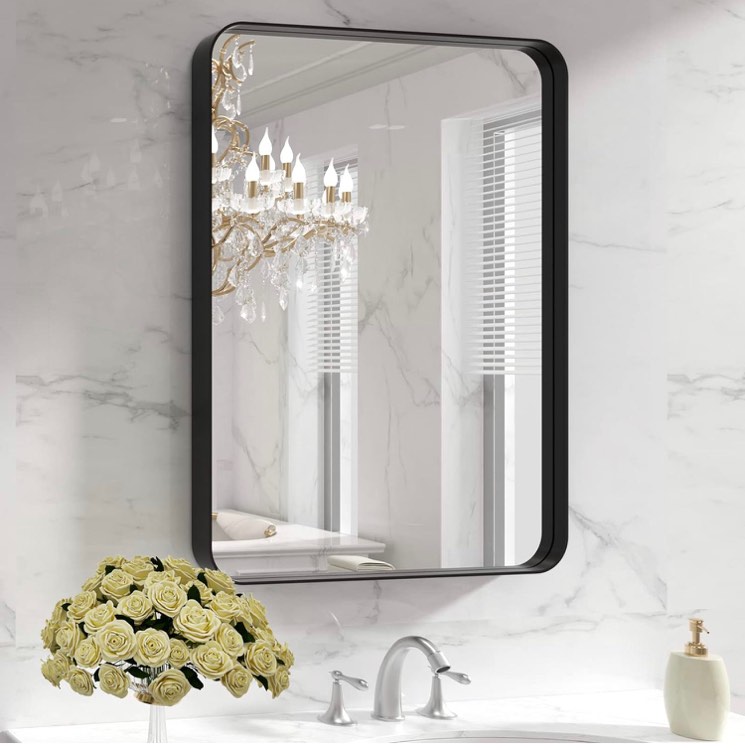 LOAAO 24X30 Inch Black Metal Framed Bathroom Mirror for Wall, Matte Black Bathroom Vanity Mirror Farmhouse, Large Rounded Rectangle Mirror, Anti-Rust, Tempered Glass, Hangs Horizontally or Vertically