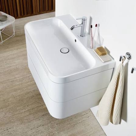 Condition photo showing New/Like New for duravit happy d.2 38-inch wall-mounted vanity and sink set in high gloss white, functional drawers (2 boxes)