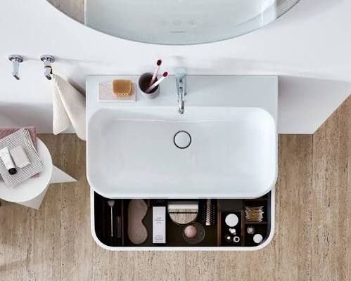 duravit happy d.2 38-inch wall-mounted vanity and sink set in high gloss white, functional drawers