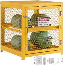 Condition photo showing New/Like New for (2) propane tank storage cabinet yellow steel box holds 4 cylinders (fits 3,5,11,20,30,33lb tanks) by sidasu (bid is per propane cages,lot is for 2 total.)