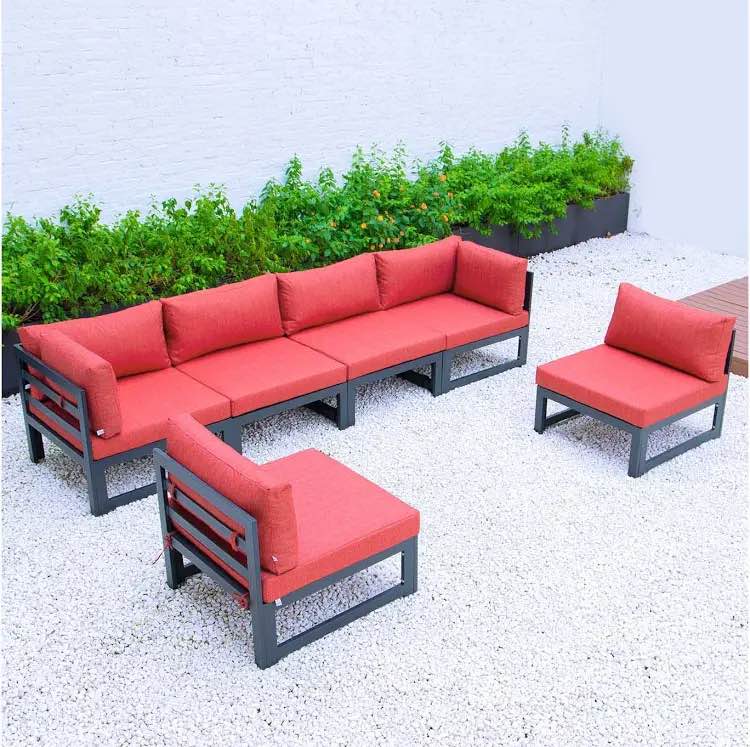 leisuremod chelsea 6-piece outdoor patio sectional sofa set with black aluminum frame and removable cushions for backyard, garden, and deck black frame/red cushions