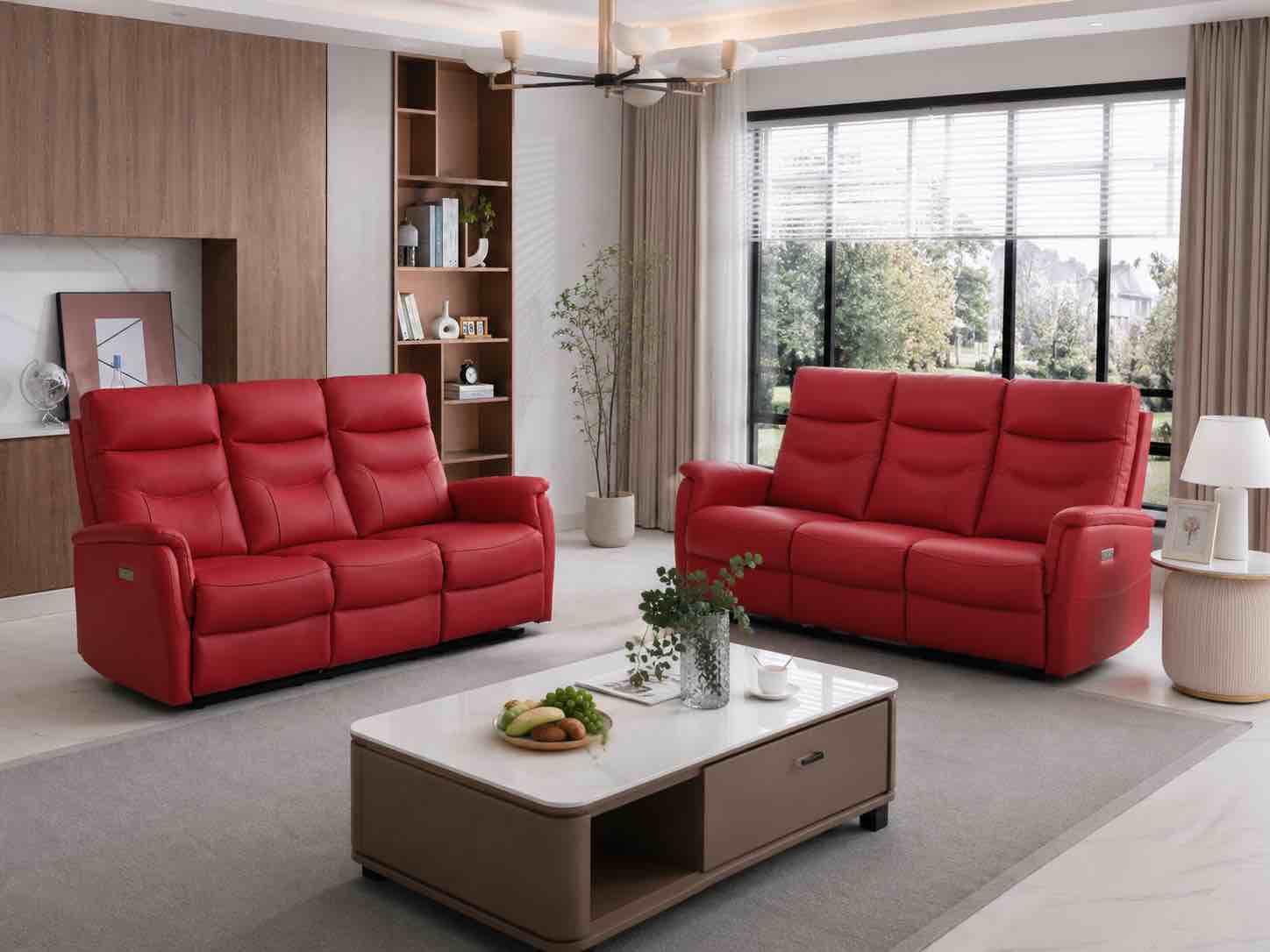 (2) viradis 72.4" genuine leather zero clearance recliner power reclining sofa with usb port, modern 3 seater recliner couch by latitude run (bid is per sofa,lot is for 2 reclining sofas total. msrp $1599 per sofa. sofa is red.)
