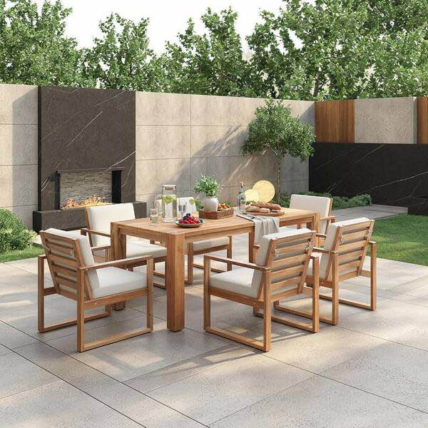 Condition photo showing New/Like New for (4) cesicia light teak acacia wood outdoor conversation patio dining chairs with thick beige cushion n715p251907d brush light teak + beige cushion (bid is per set of 2 chairs, lot is for 2 boxes of 2 chairs each box.)