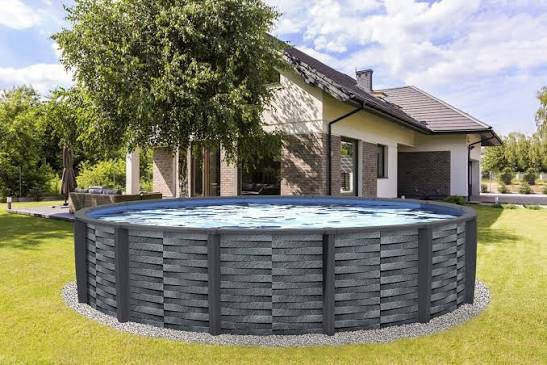 Condition photo showing New/Like New for blue wave affinity 15-ft round 52-in deep hard sided above ground pool with resin verticals & top seats, vinyl liner & skimmer steel wall construction with 5,130 gallon cap for family recreation
