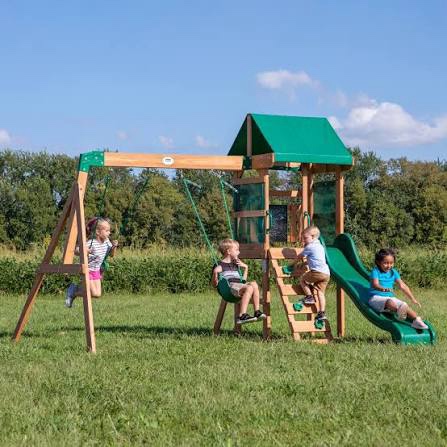 backyard discovery buckley hill cedar wood swing set with wave slide, play deck, rock wall ladder, belt swings, chalkboard, canopy roof, outdoor playset