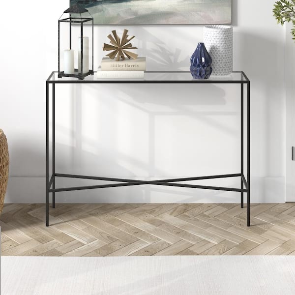 Condition photo showing New/Like New for henley 42 in. blackened bronze rectangle glass console table