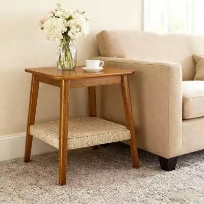 Condition photo showing New/Like New for homy casa mid-century wooden end table with woven shelf