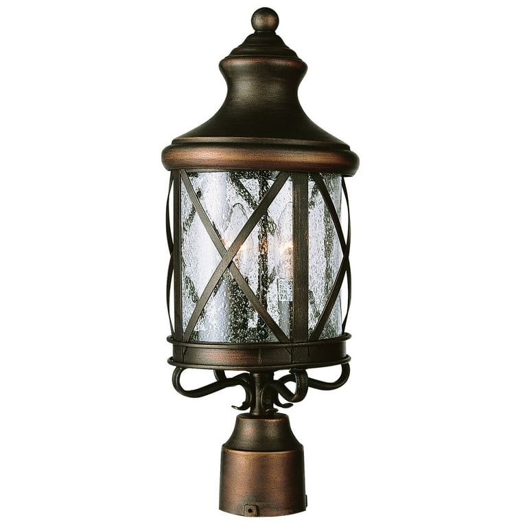 Condition photo showing New/Like New for three light rubbed oil bronze clear seeded glass post light