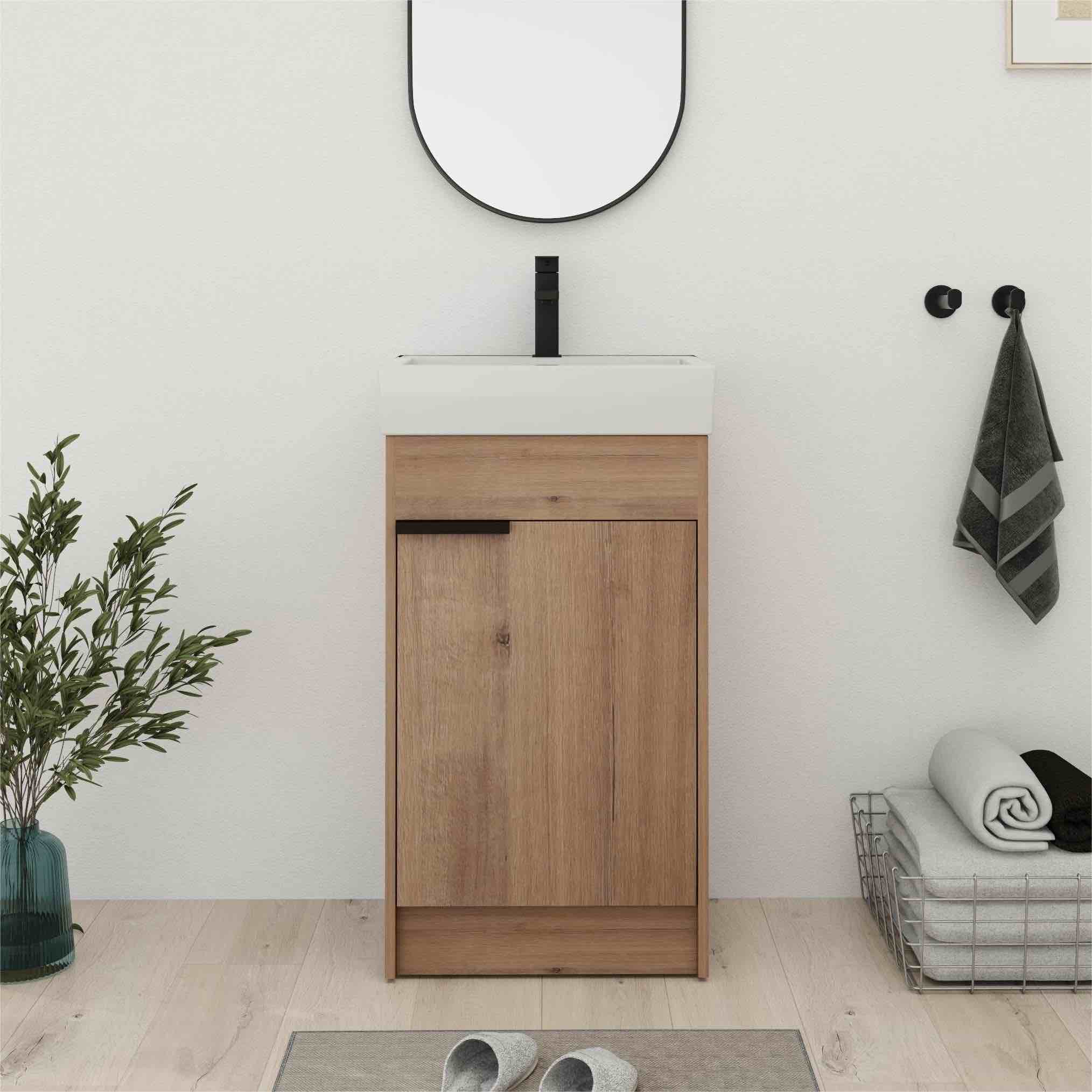 Condition photo showing New/Like New for bathroom vanity with sink in 16/18 inch, freestanding bathroom vanity with soft close door