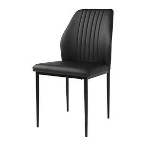 Condition photo showing New/Like New for black faux leather solid back dining side chair with stable steel legs, set of 4