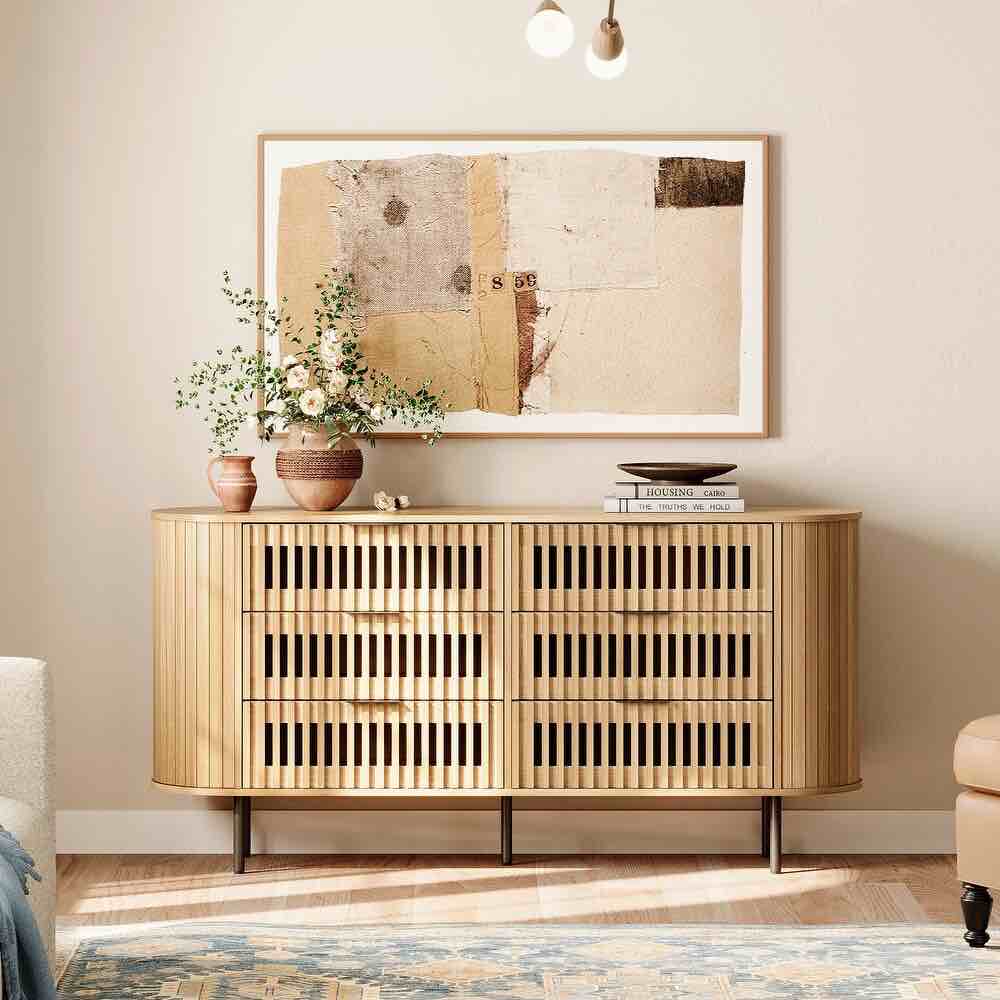 Condition photo showing New/Like New for wampat fluted dresser for bedroom with 6 drawers - oak
