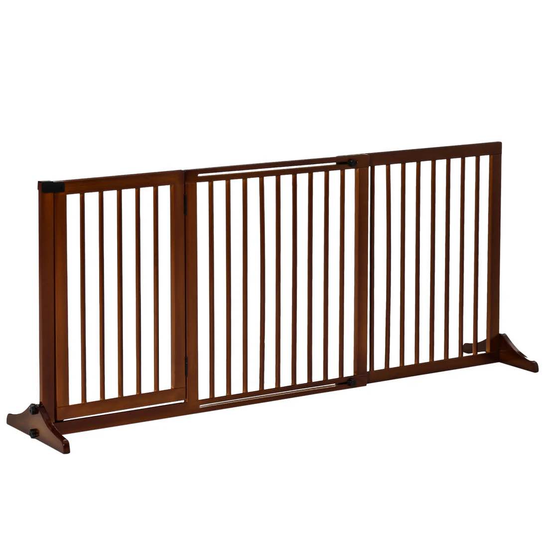 Condition photo showing New/Like New for pawhut adjustable wooden pet gate, freestanding dog fence for doorway, hall, 3 panels w safety barrier, lockable door, brown, 44.5" 65.25" l x 14.25" h brown wood