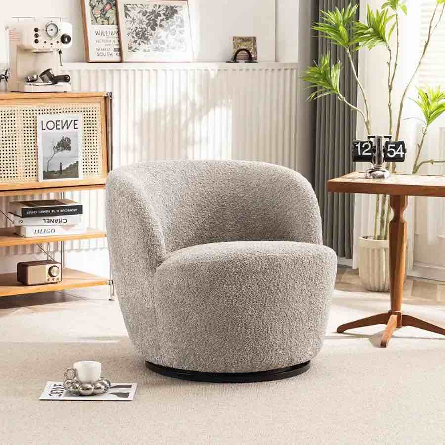 Condition photo showing New/Like New for younike swivel accent chair cream boucle barrel chair ynk-w182 color:grey