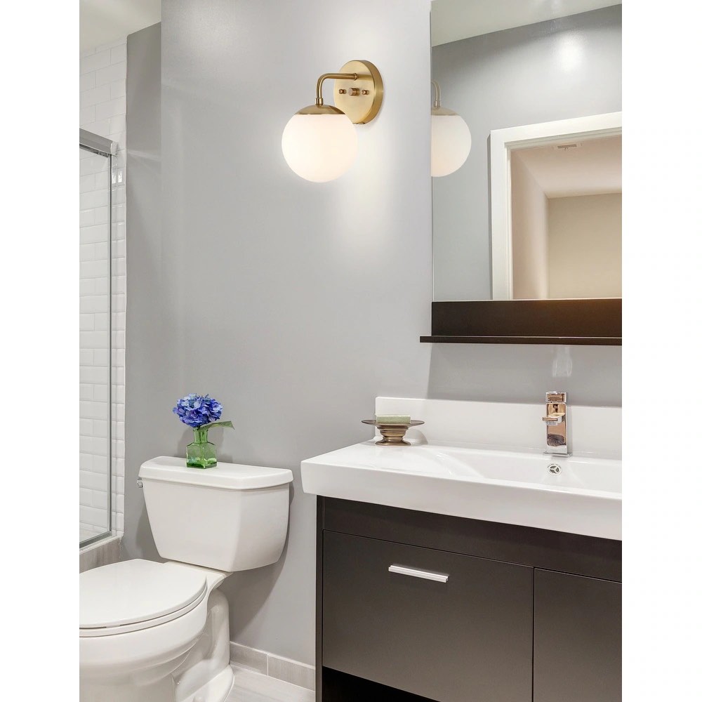 Condition photo showing New/Like New for jonathan y globe metal/frosted glass modern led vanity - 1-light - brass gold