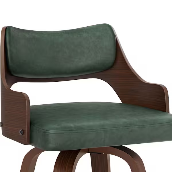 Condition photo showing New/Like New for gaspa 26 in. green premium faux leather swivel bar stool with solid walnut wood frame and open back support
