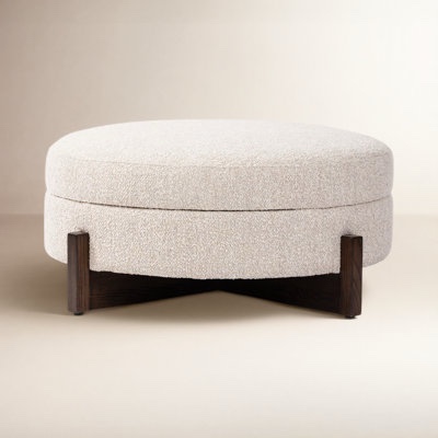 Condition photo showing New/Like New for joss & main regan 39" wide round storage ottoman by joss & main body fabric: saddle fog boucle | leg color: dark brown