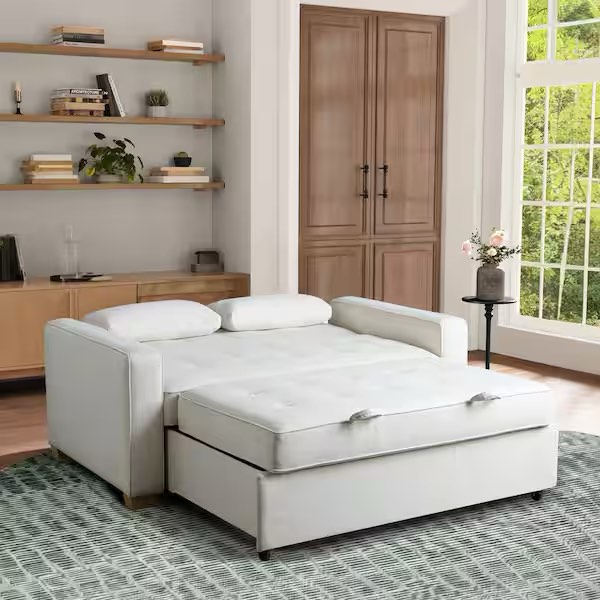 Condition photo showing New/Like New for serta dream convertibles augustus 72.6 in. oyster polyester queen size sofa bed sa – ags – qs3 – oys augustine convertible pullout sofa oyster queen size