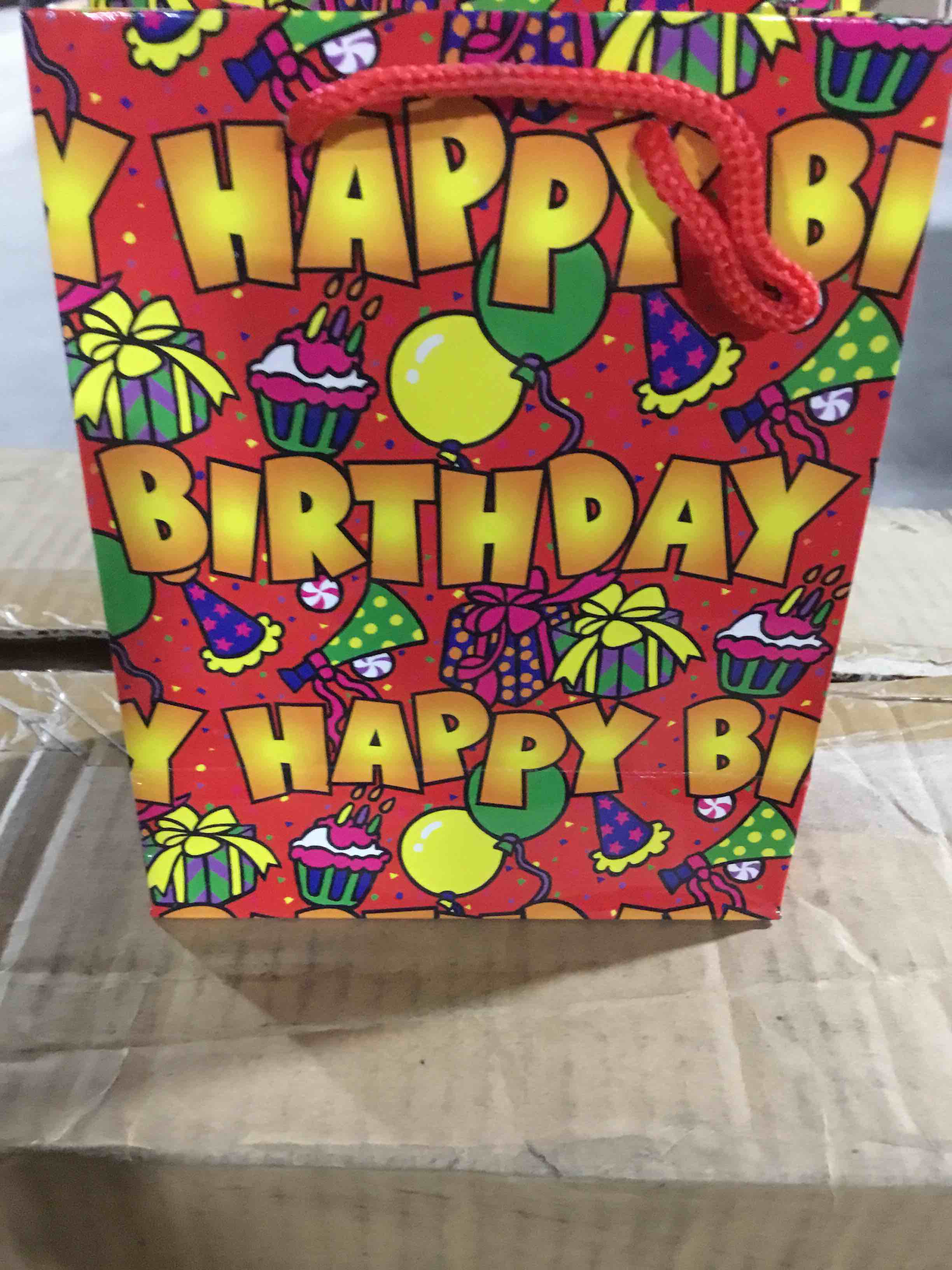 box of 300 small gift bags , happy birthday 