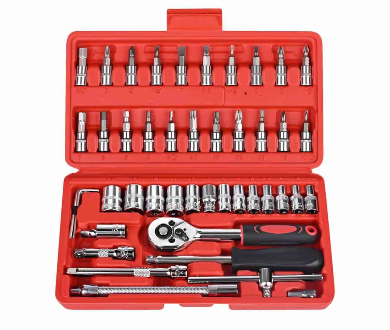 46 Pieces Socket Wrench Set, 1/4 inch Metric Drive Socket and Ratchet Wrench Set with Extension Bar, CR-V Automotive Mechanic Car Tool Kit for Home Use, Bit Set with Storage Case