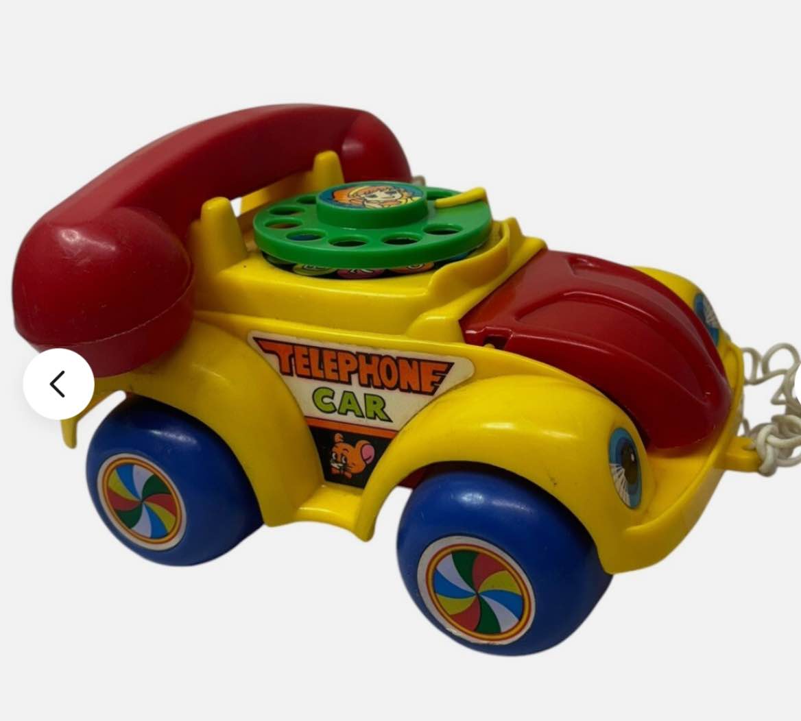 Vintage 1980s Telephone Car Toy Pull Along Phone Red Yellow Blue Rotary Dial