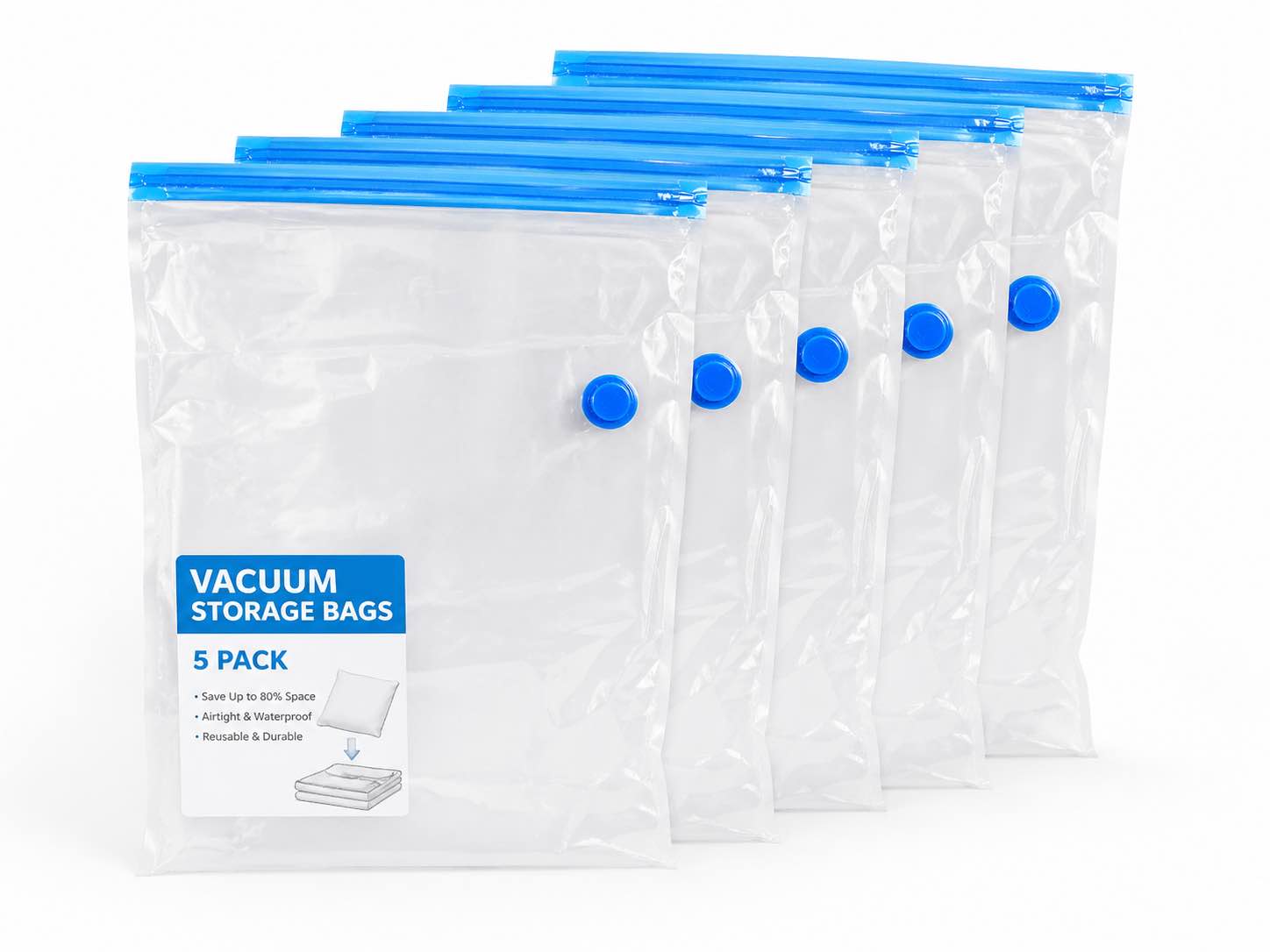 Condition photo showing Brand New for 5 packs large clear, vacuum storage bag compression space savings for closing linens reusable