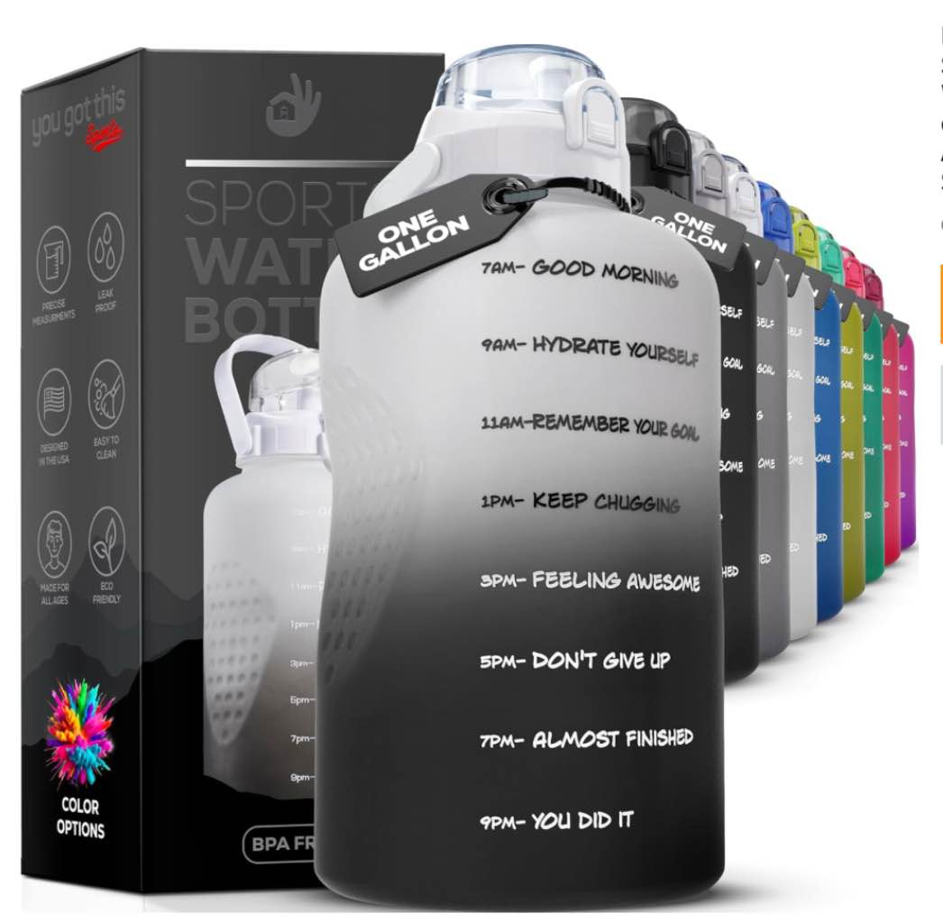 Motivational Water Bottle with Straw & Handle,One Gallon Water Bottle 128 oz/3.8L,Reusable Water Jug, Achieve All-Day Hydration SpillProof, BPA FREE