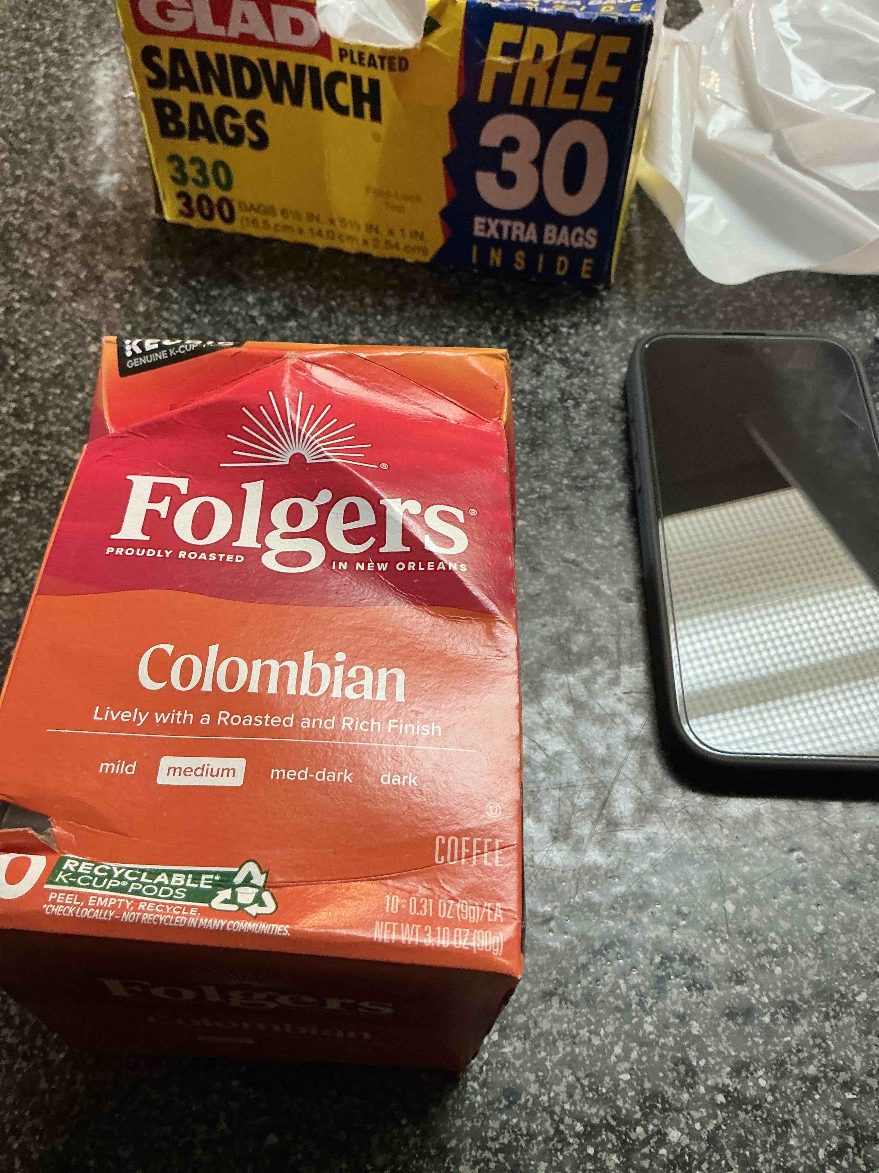 Folgers Colombian Coffee, Medium Roast, Keurig K-Cup Pods, 10 Count Box