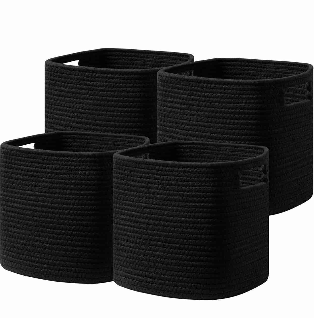 Set of 4 Storage Bins - 11 X 10.5 X 10.5 in, Cotton Rope Bins for Shelves, Toys, Books, Cube Storage with Handles, Woven Black Basket for Organizing
