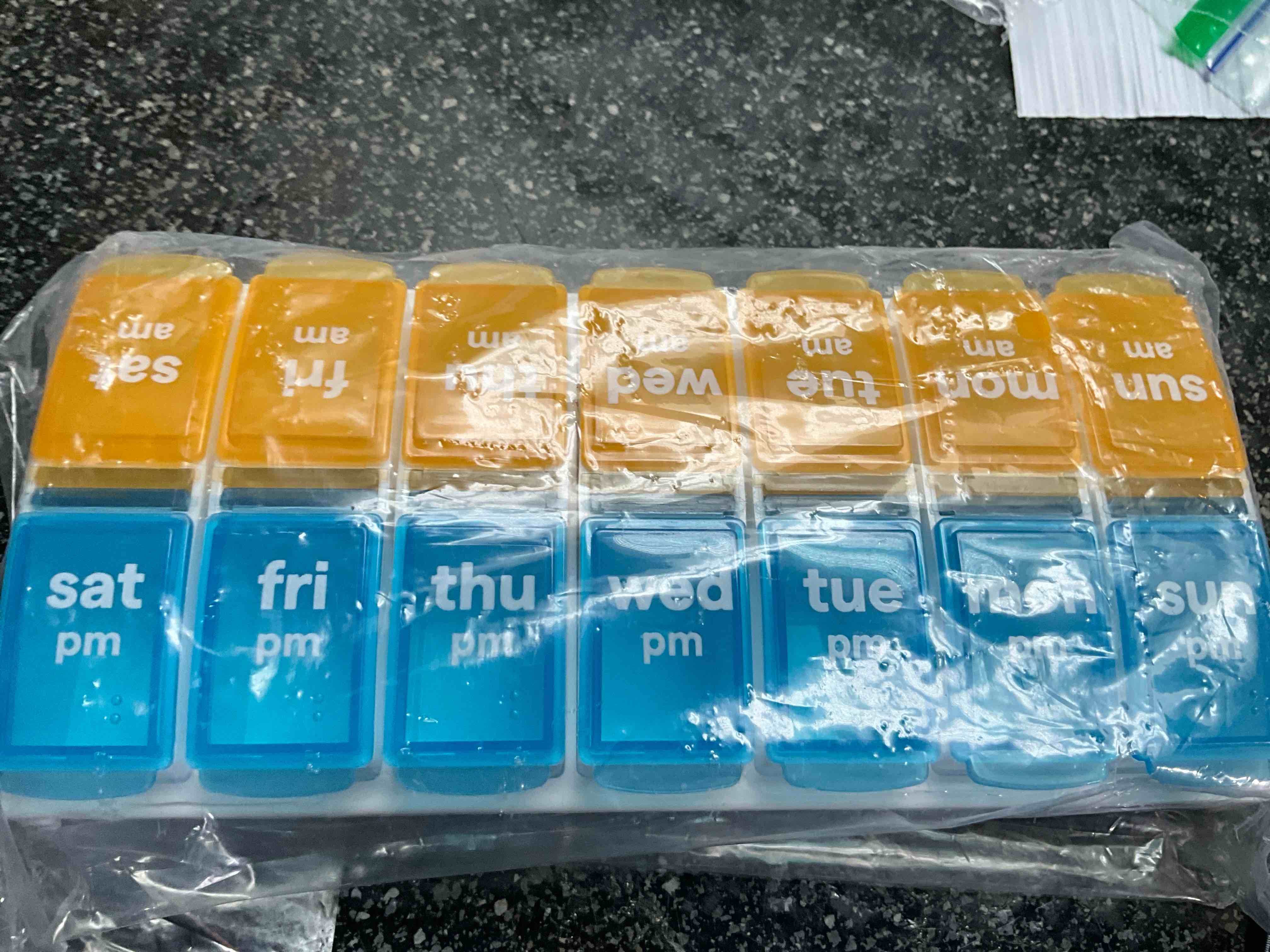 Amazon Basic Care (7-Day) AM/PM Pill Organizer, Vitamin Case, And Medicine Box, Large Compartments, 2 Times a Day, Blue and Clear Lids