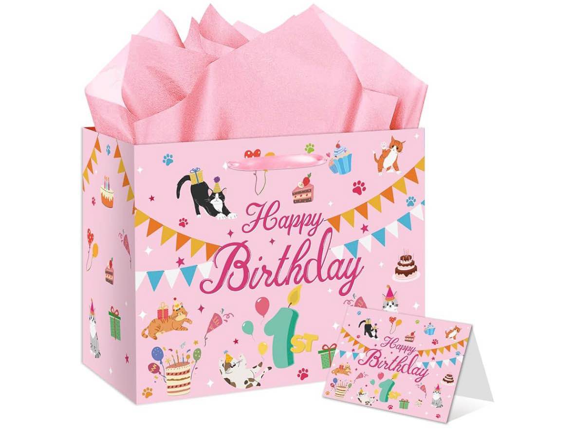 EIGHTSTATES Pink Cat Birthday Gift BagsThemed Birthday Gift Wrapping Bag 1st Bday Gift Bag with Card