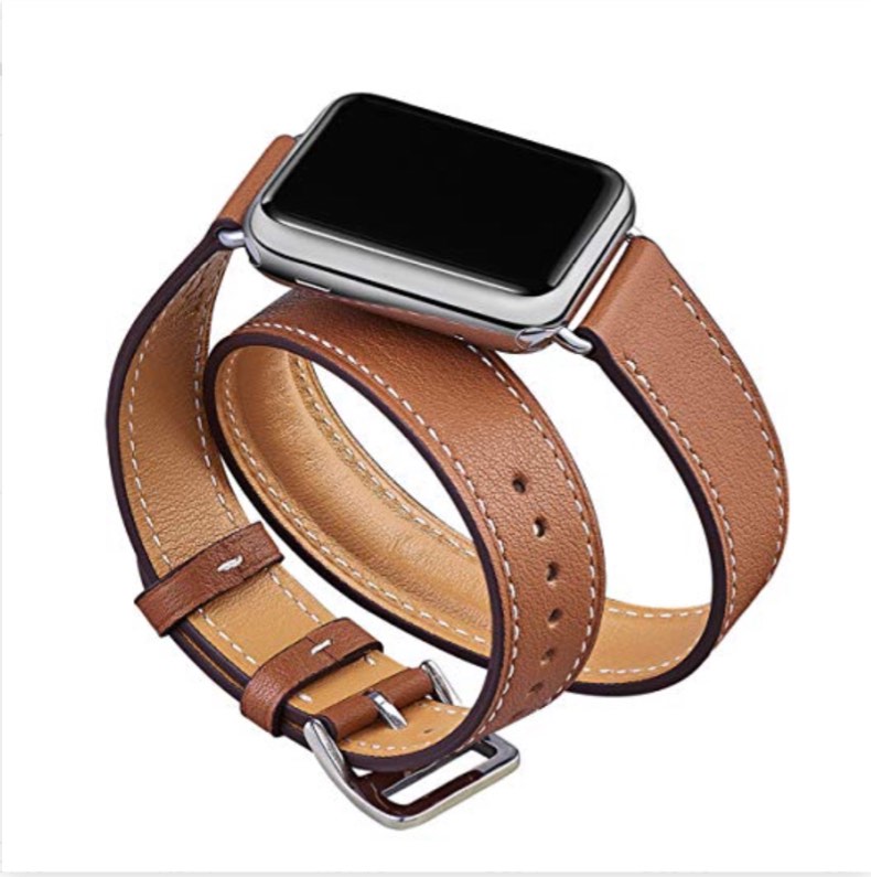 OMIU Band Compatible for Apple Watch 38mm 40mm 42mm 44mm, Leather Double Tour Smart Watch Wristband Compatible for Women Men IWatch Series 5/4/3/2/1 (Brown/Silver, 38mm 40mm) by BestWayStore