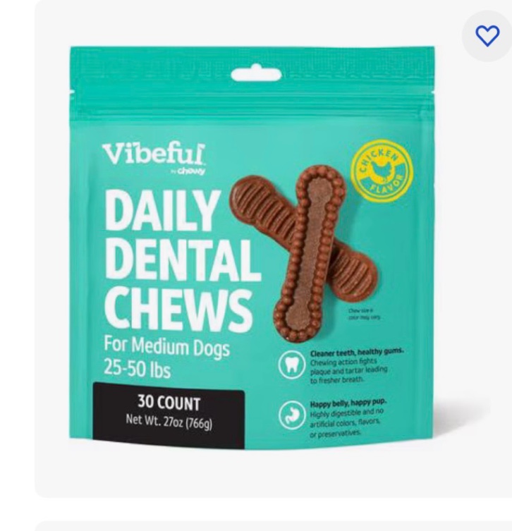 (Best by 03 /MAR/2026)Vibeful Medium Daily Dental Chews for Dogs, Chicken Flavor, 30 count