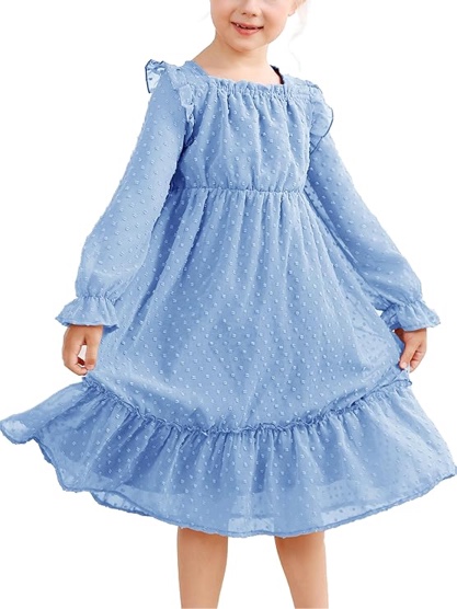 Girls Dresses Long Sleeve Ruffle Square Neck Chiffon Swiss Dot Dress Cute Party Casual Midi Dress for 6-13 Years Kids