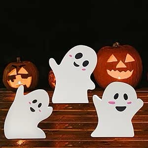 Halloween Decorations, 3 Wooden Signs, Pumpkin Blocks (Ghost Decor) — Content May Vary