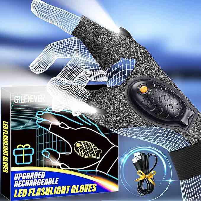 GREENEVER 1 Pair Upgraded Rechargeable LED Flashlight Gloves (Fish)
