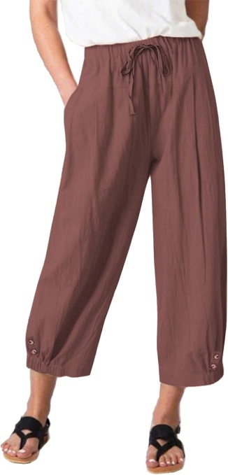 (Size 3XL) Amlztr Womens High Waist Casual Wide Leg Loose Linen Trouser Capri Wide Leg Cropped Pants with Drawstring