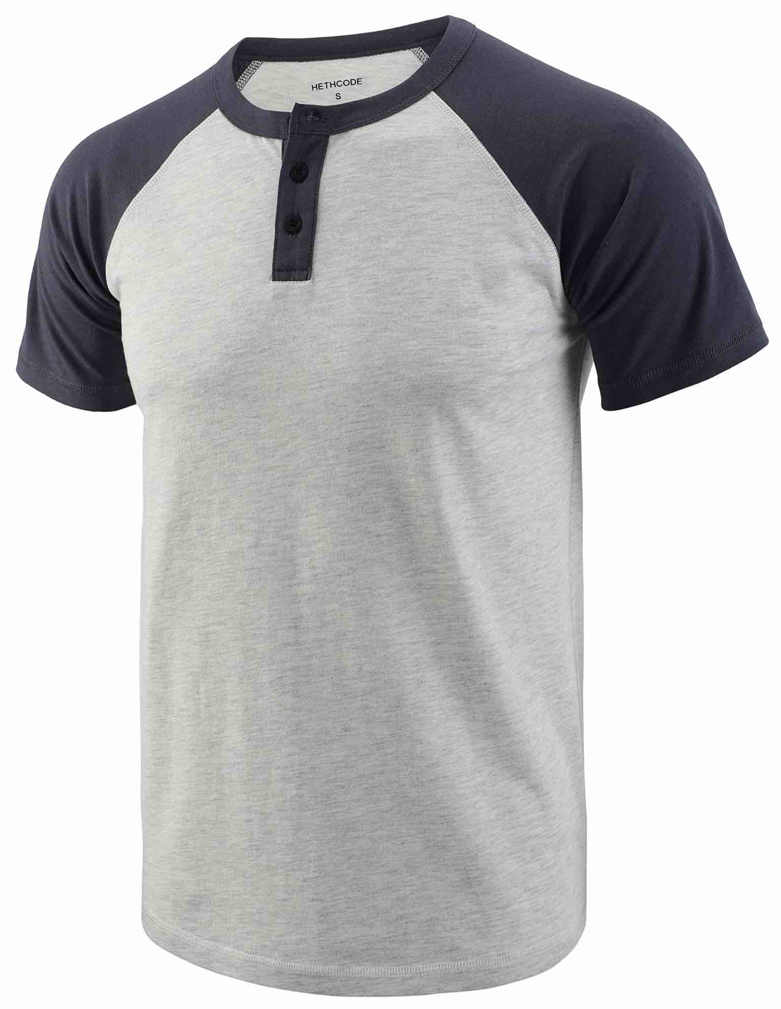 (Size L) HARBETH Men's Classic Vintage Slim Fit Short/Long Sleeve Active Sports Gym Baseball Henley Tee Shirts Short Sleeve Small H.oatmeal/C.blue-ss