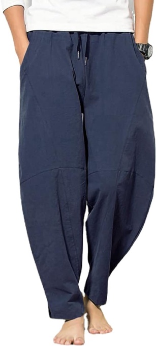 (Small) WZIKAI Mens Cotton Linen Pants,Elastic Waist Loose Fit Baggy Drawstring Summer Beach Pants for Men Jogger Yoga Trousers