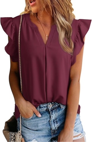 (Small) MyFav Women's Cute Summer Tops Casual V Neck Shirts Ruffle Sleeve Solid Blouse Tops Small