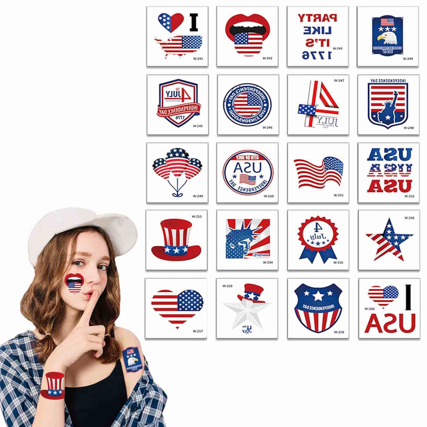 Patriotic Tattoo Stickers 4th of July Fake Temporary Tattoos Independence Day Party Supplies USA Flag Red White and Blue Makeup 20 Sheets