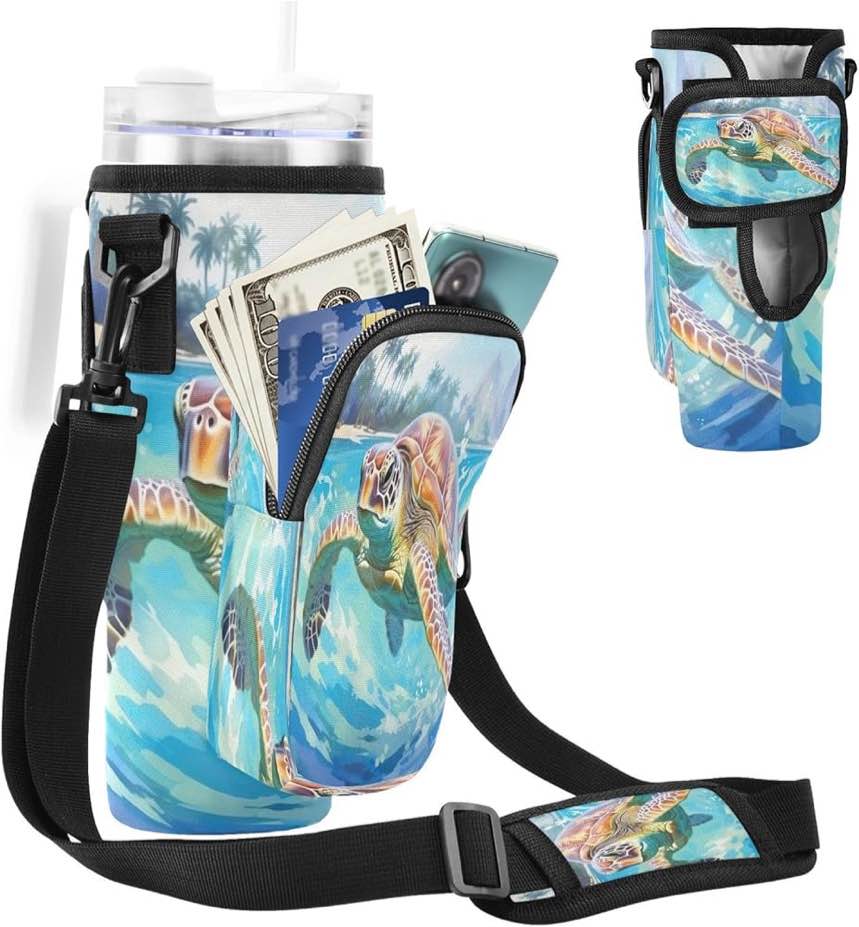 Heyfibro Water Bottle Carrier Bag with Adjustable Strap, 40 oz Tumbler Carrier with 2 Zipper Pockets, Water Bottle Holder with Strap Suitable for Hiking, Camping, Jogging(Turtles)